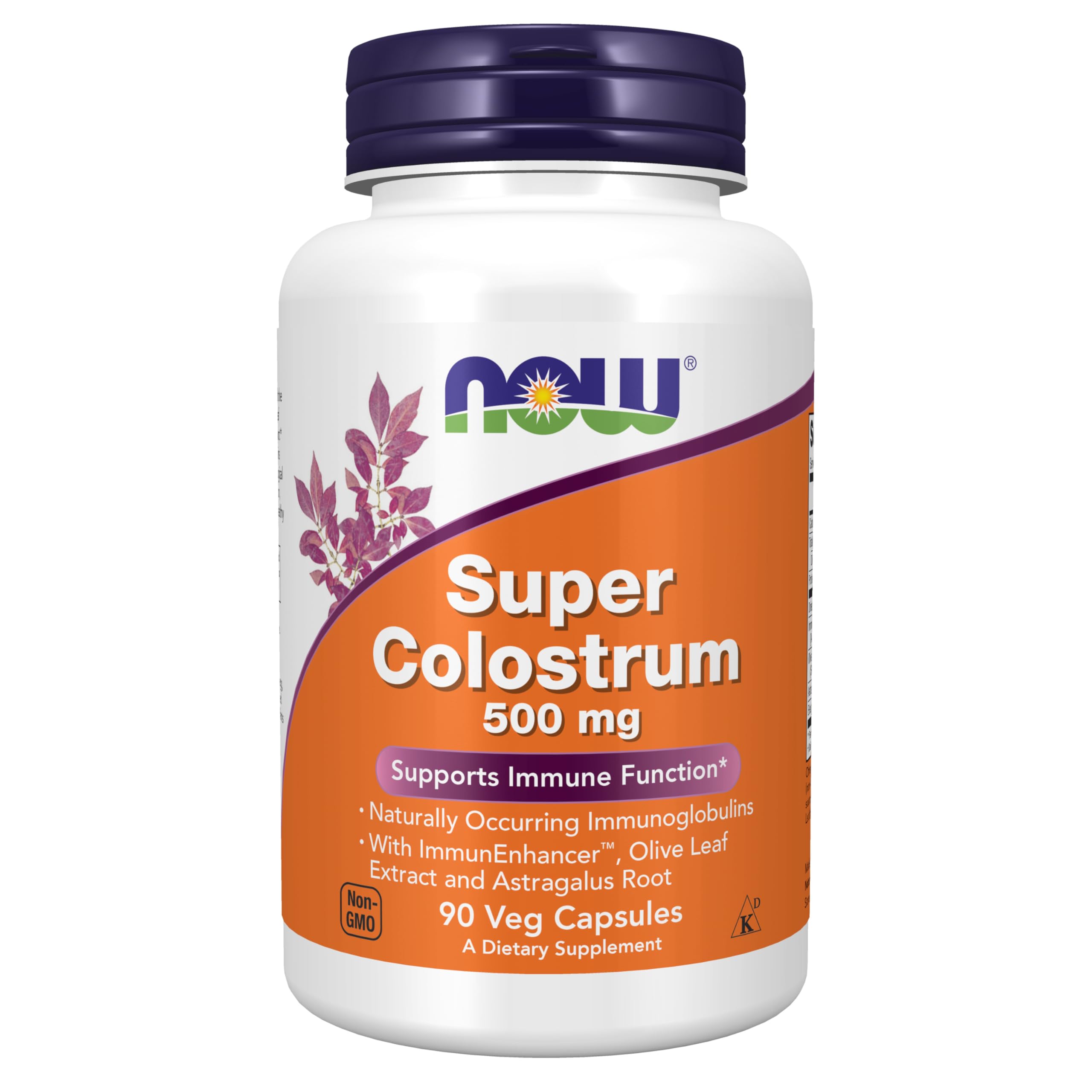 NOW Foods Supplements Super Colostrum 500 mg Inmunoglobulinas de origen natural con ImmunEnhancer™ Extracto de hoja de olivo y raíz de astrágalo 90 cápsulas vegetales