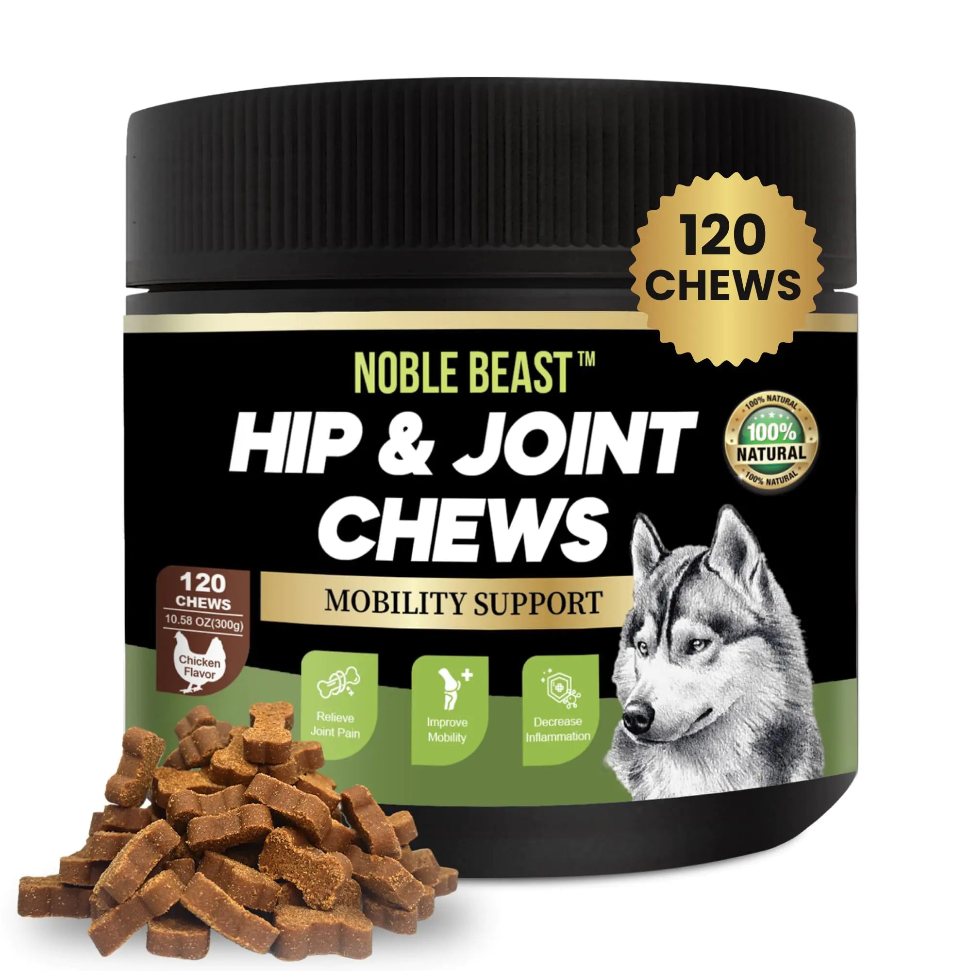 Noble Beast Dog Joint Supplement - Hip and Joint Care for Dogs - All Natural - Soft Chews with Glucosamine Chondroitin MSM & Hemp for Dog Joint Relief - Chicken Flavor – 120 Count