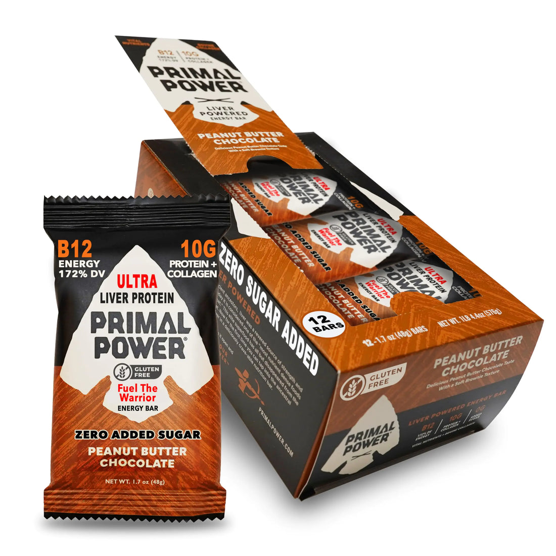 Primal Power Liver Powered Nutrition Bars - B12 Energy Boost 10g Protein Vitamins Minerals Collagen Zero Added Sugar Gluten Free - Pack of 12 (Peanut Butter Chocolate Flavor)