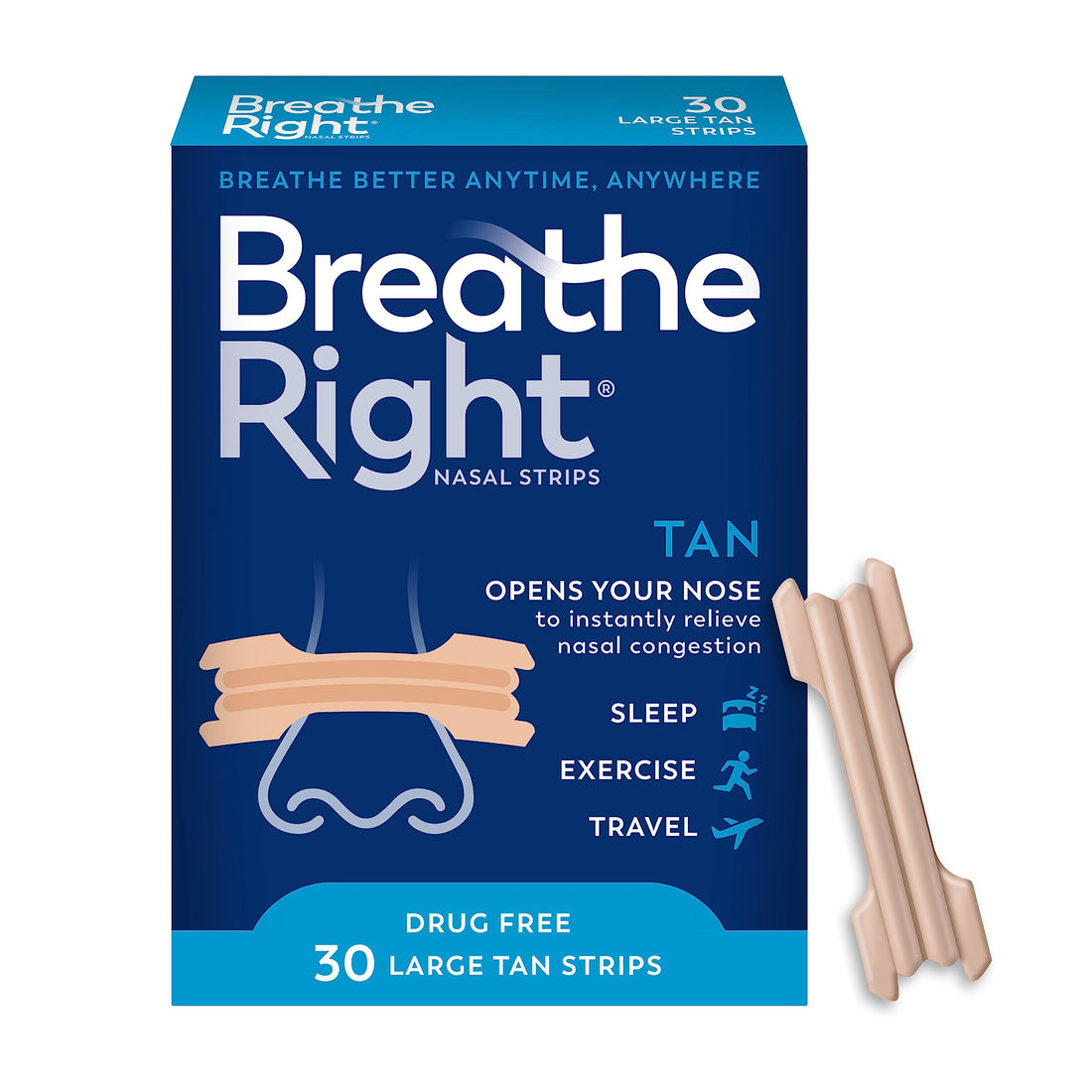 Breathe Right Original Nose Strips to Reduce Snoring and Relieve Nose Congestion Tan 30 Count (Packaging May Vary)