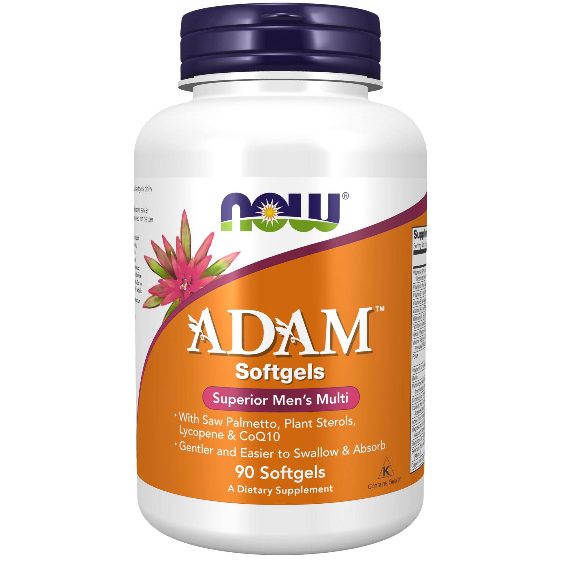 NOW Adam Mens Multiple Vitamin90 Softgels bottle with orange label and purple cap; simple formula with fewer additives.