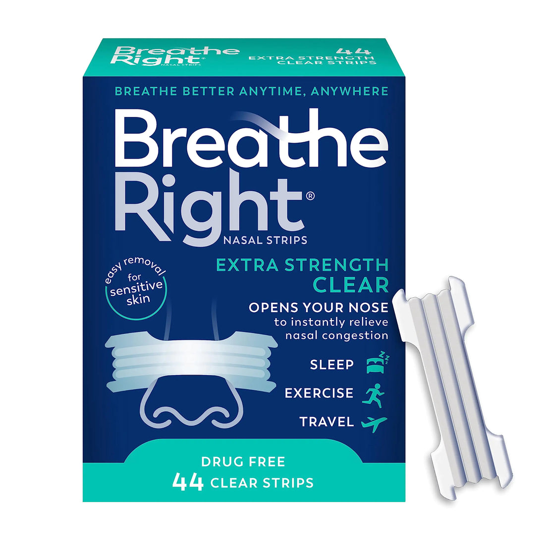 Breathe Right Extra Clear Strips | Sensitive Skin | 44 Count