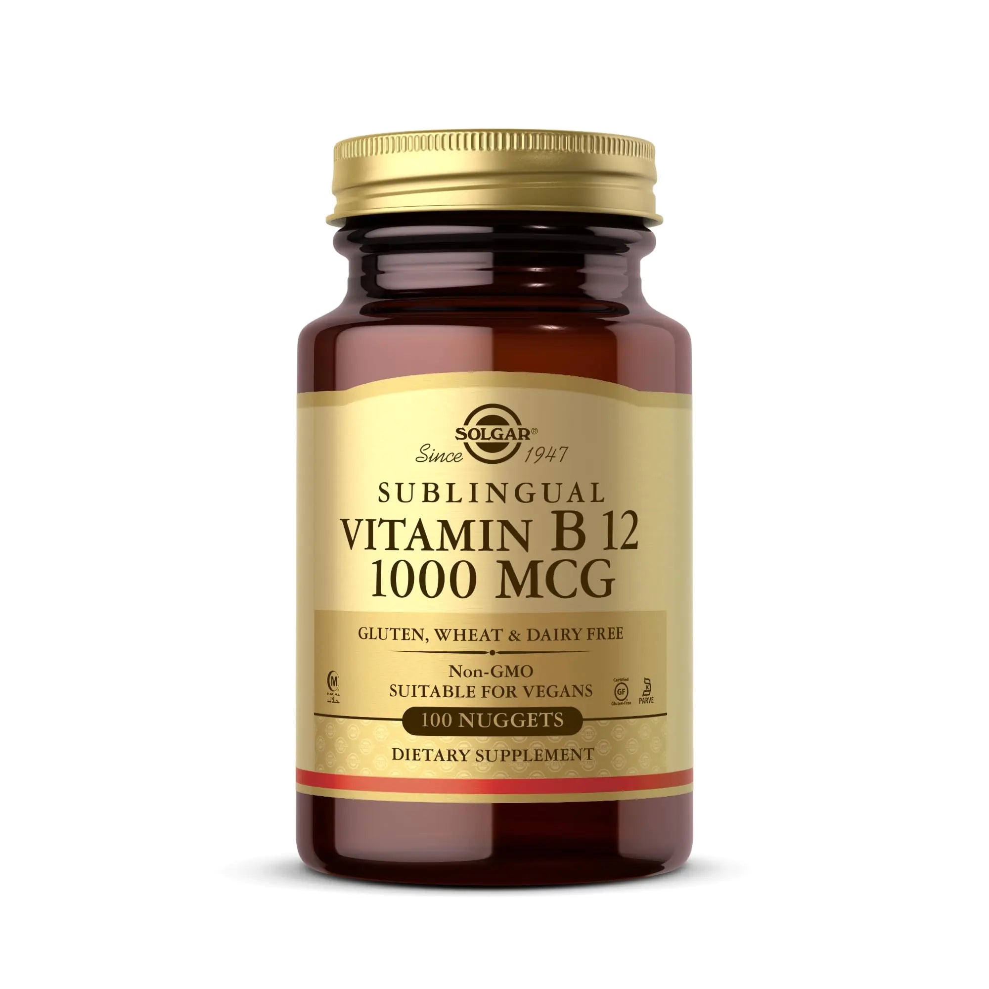 SOLGAR Sublingual Vitamin B12 1000 mcg - 100 Nuggets - Non-GMO Vegan Gluten Free Dairy Free Kosher Halal - 100 Servings